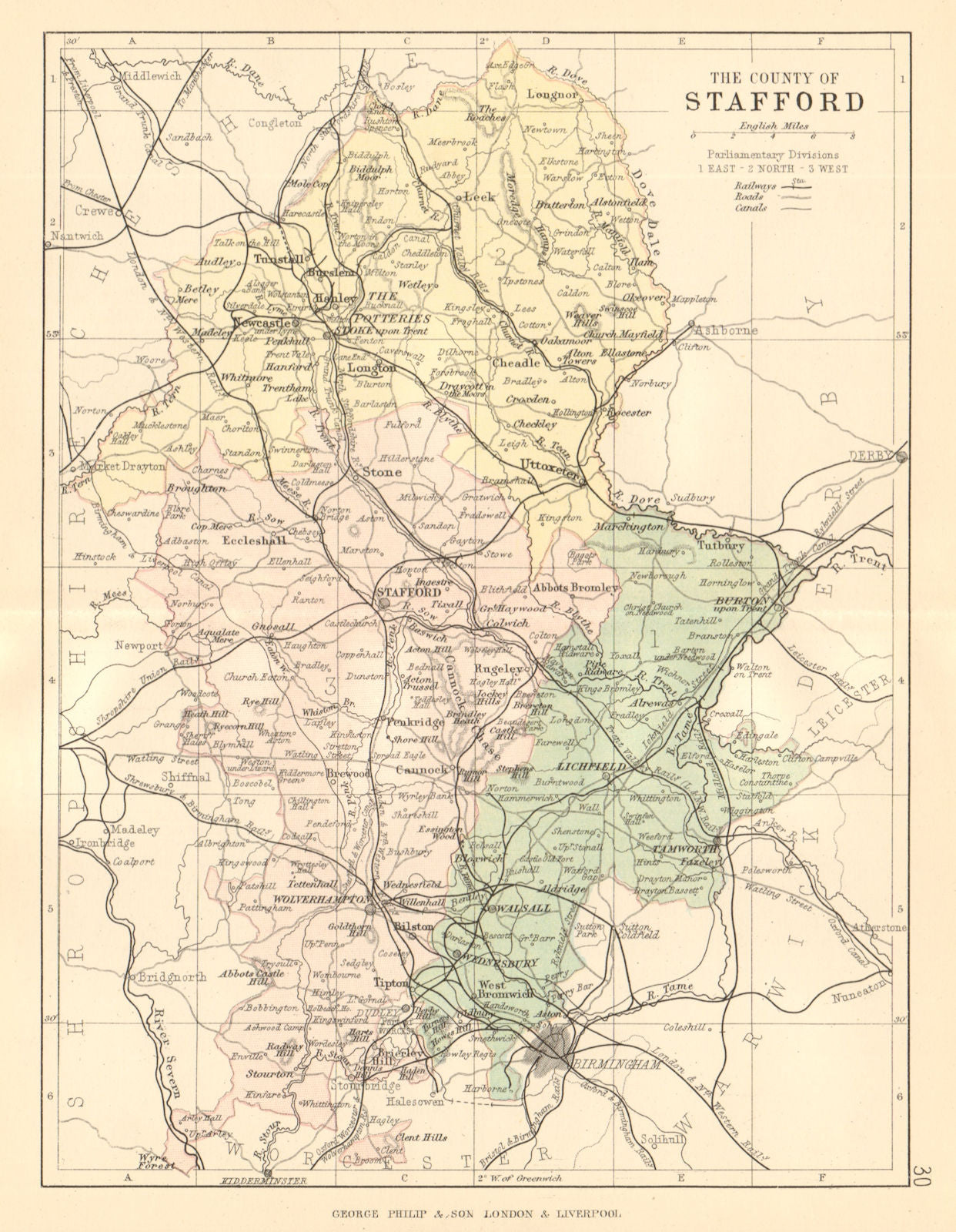 STAFFORDSHIRE. Antique county map. Railways canals. Constituencies. PHILIP 1884